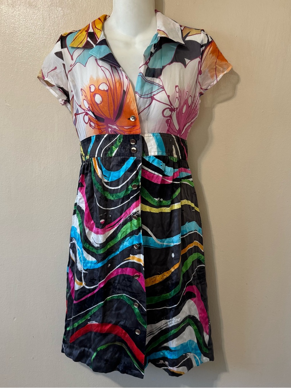 Custo Barcelona 100% silk mini dress with sheer abstract floral collared top